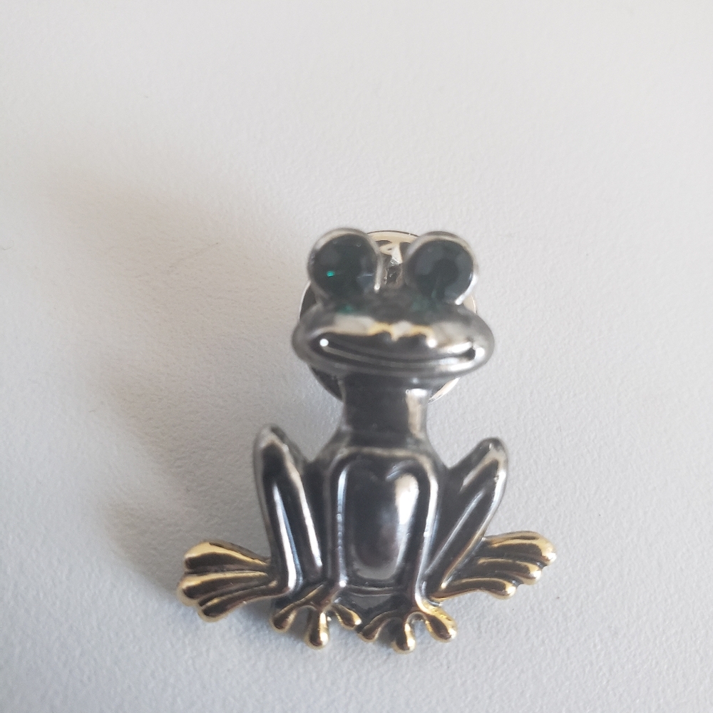 Vintage Frog Silver&gold Tone Green Rhinestones Eyes Pin Brooch